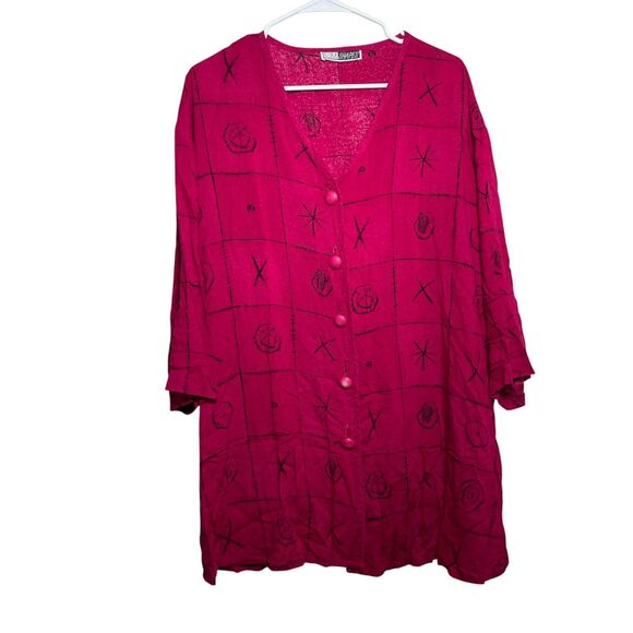 CM Shapes Blouse Women's Pink Printed Button Up Artsy 3/4 Sleeve Top Tunic - Picture 1 of 11
